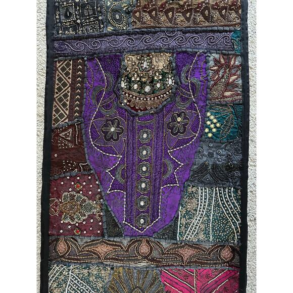 Vintage beaded tapestry wall hanging vertical dark beaded ethnic bohemian 20x60” - Picture 5 of 16